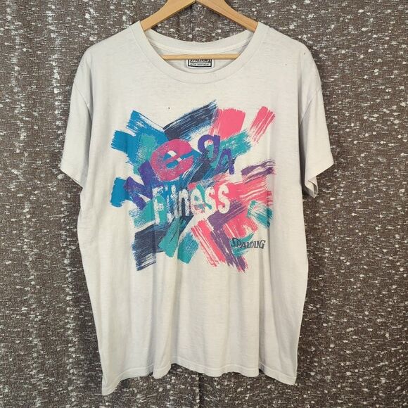 Vintage Spalding Mega Fitness Abstract Single Stitch T-Shirt Size L/XL - Picture 1 of 13